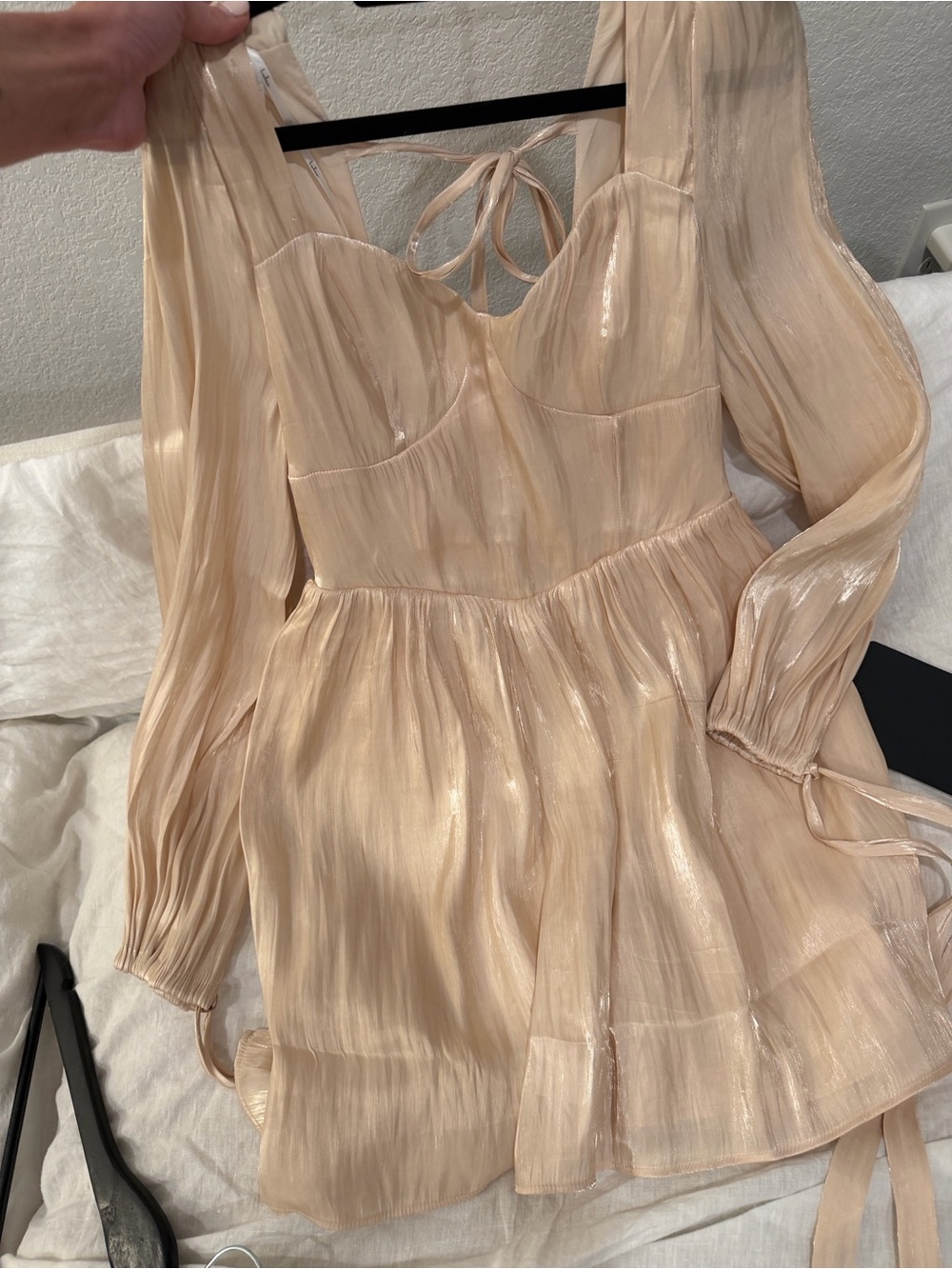 Lulu's Satin-Like Sheer Long-Sleeve Mini Dress in Blush Beige
